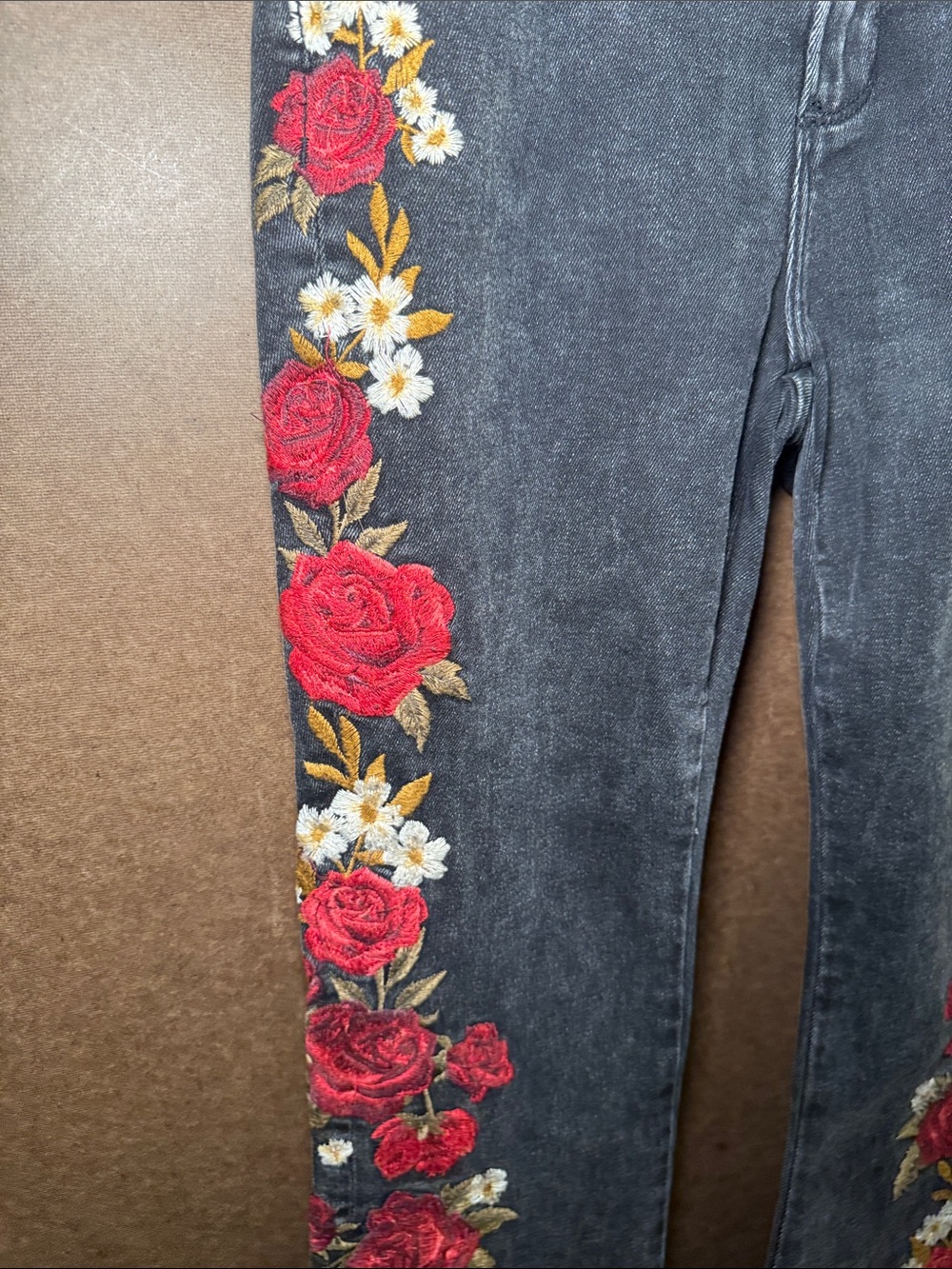DRIFTWOOD Black Flare Jeans with Red & White Floral Embroidery - Picture 3 of 4